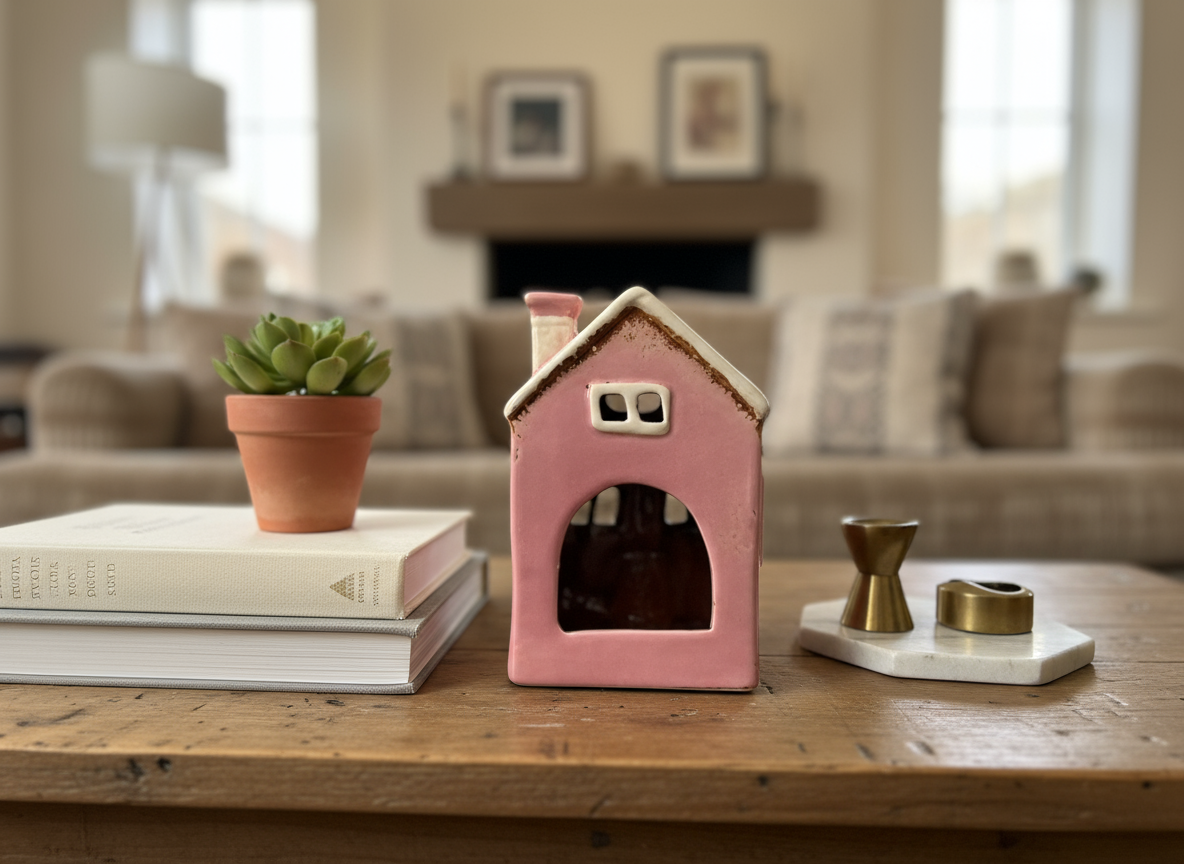 Village Pottery Ceramic Heart House Tealight Candle Holder- Pink
