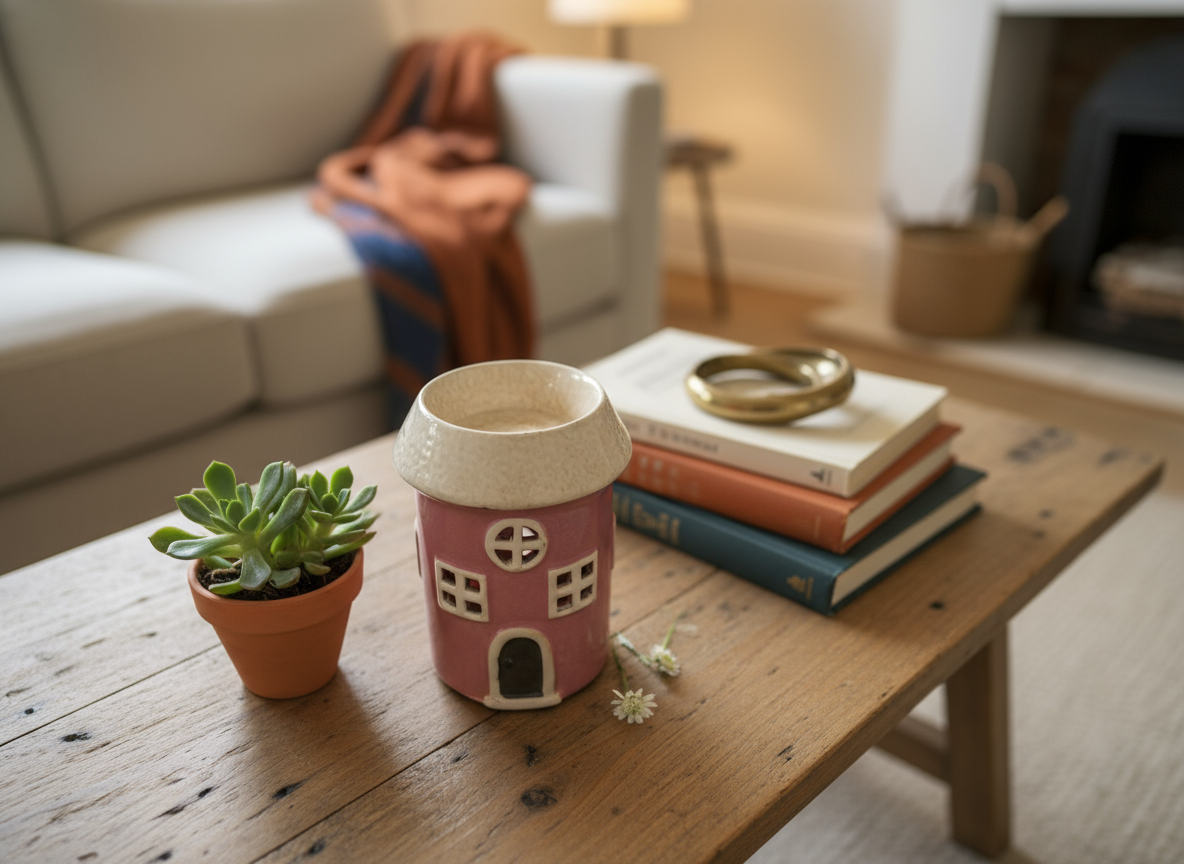 Village Pottery Ceramic Wax Warmer Round House "Windows" Pink