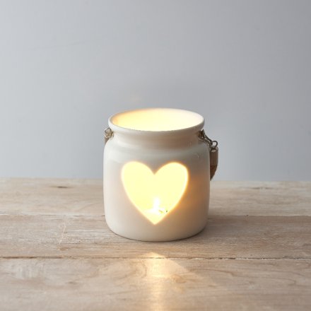White Heart Tea Light Holder with Rope Handle 10cm