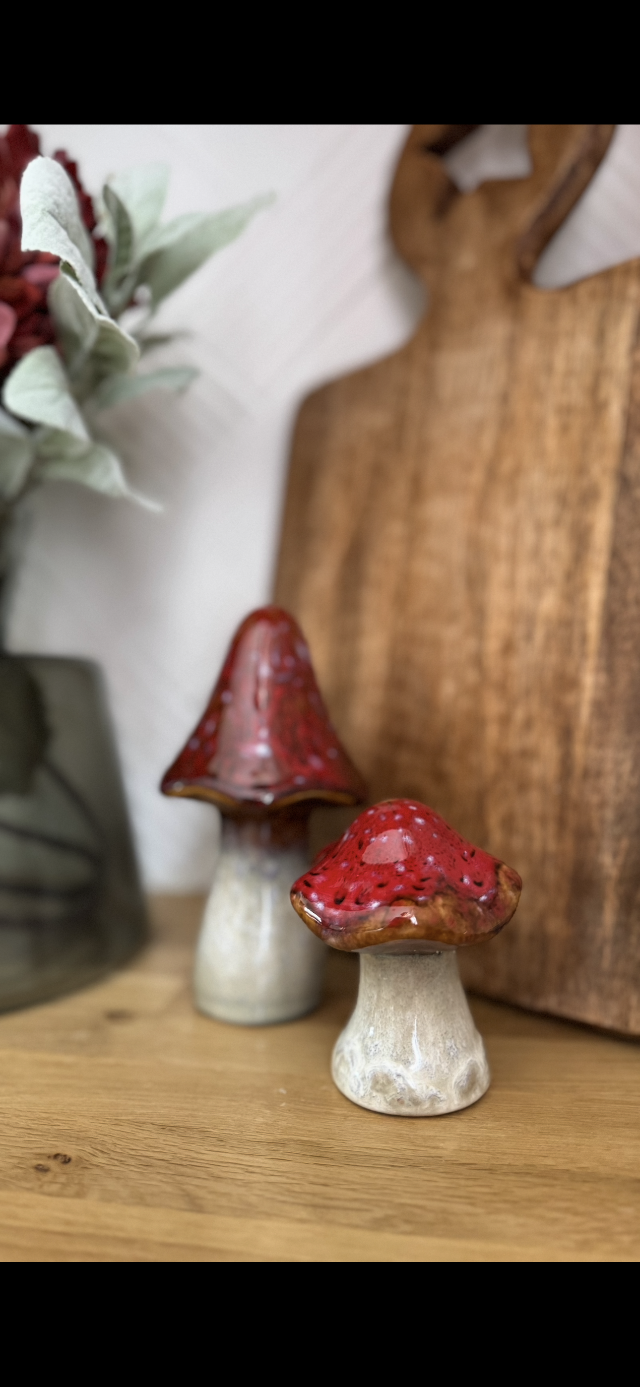 Red & White Glaze Ceramic Mushrooms / Toadstools Ornament