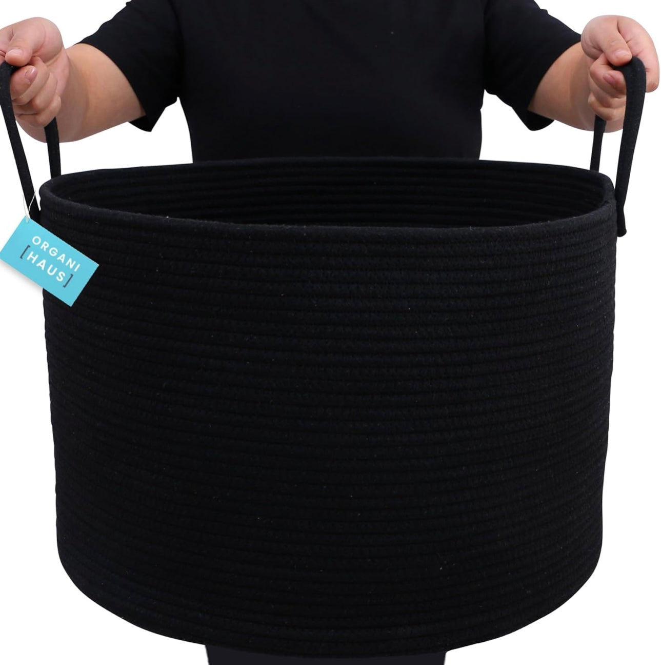 Organi Haus Large Storage Cotton Rope Basket - Full Black And Full Black With Leather Handles