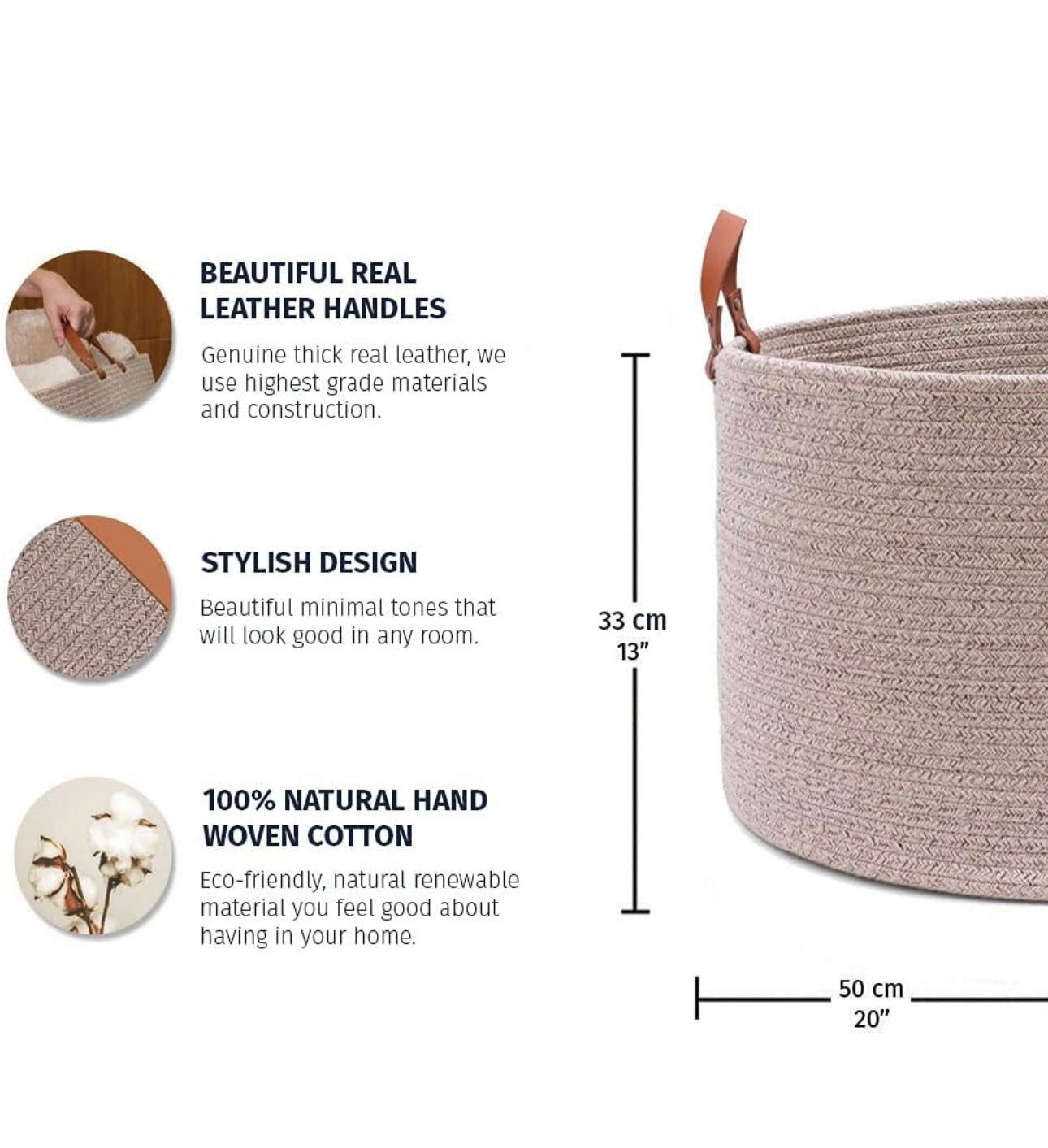 Organi Haus Extra Large Cotton Rope Basket With Genuine Leather Handles