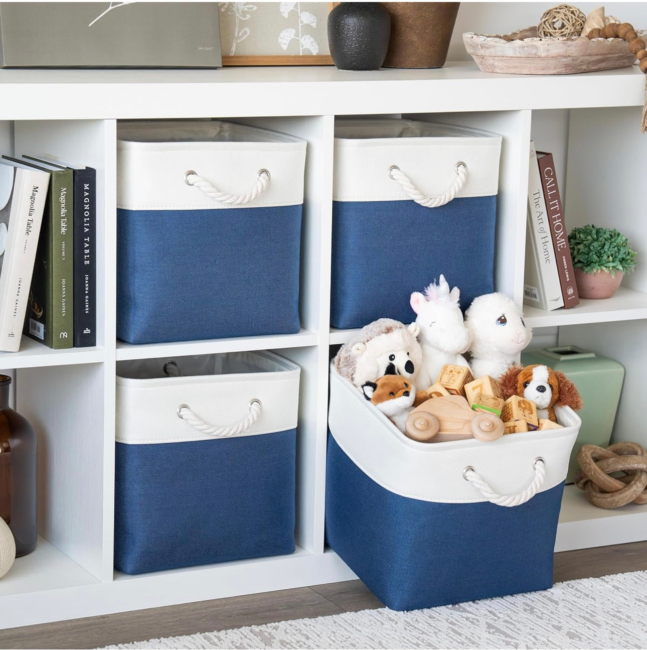 Organi Haus Fabric Cube Storage - Navy Blue and White Set of 3