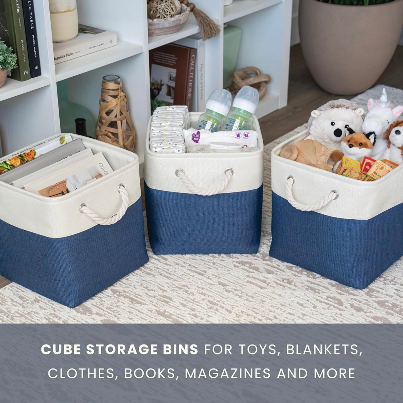 Organi Haus Fabric Cube Storage - Navy Blue and White Set of 3