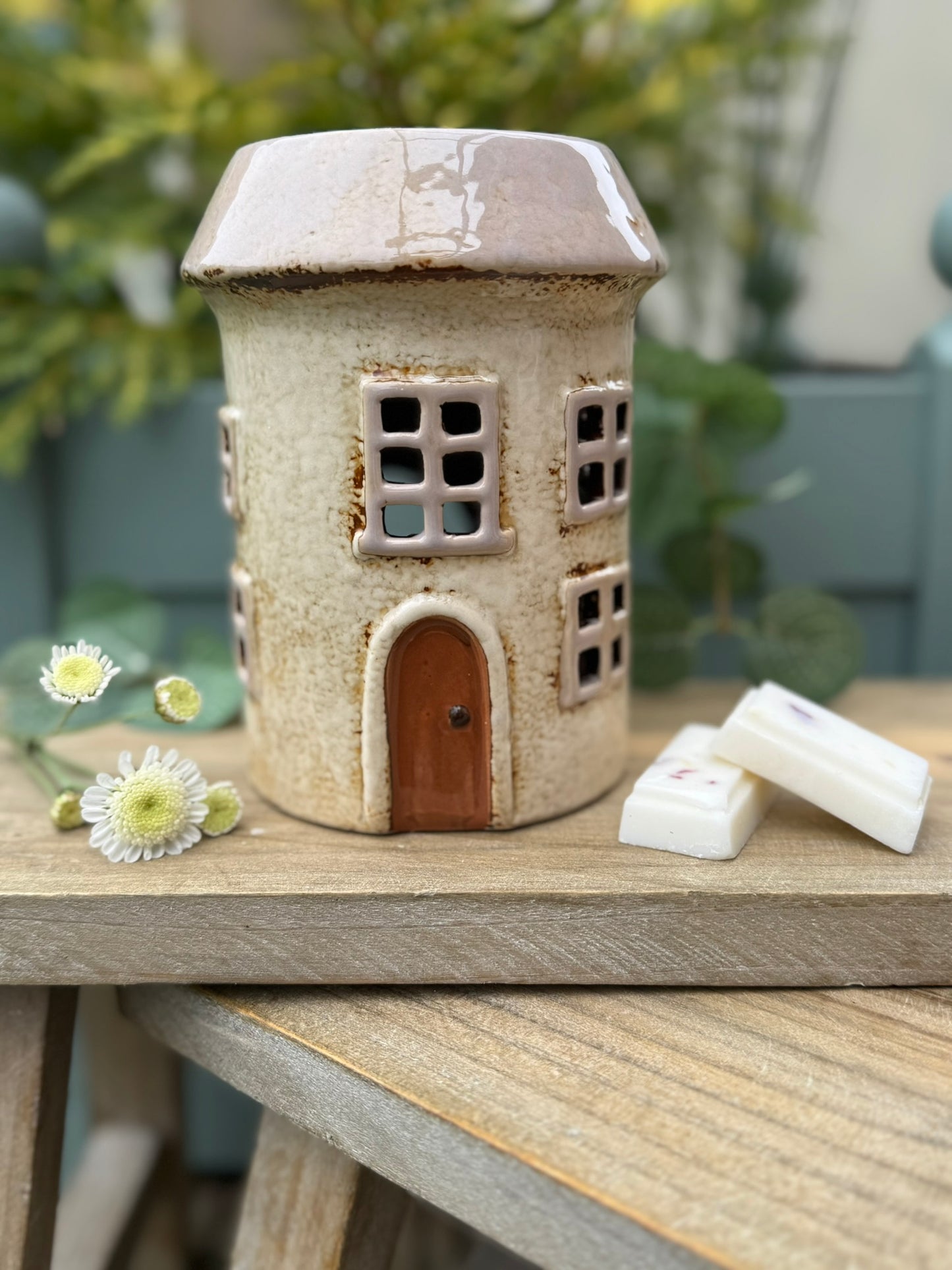 Village Pottery Ceramic Wax Warmer Round House "Windows" Cream