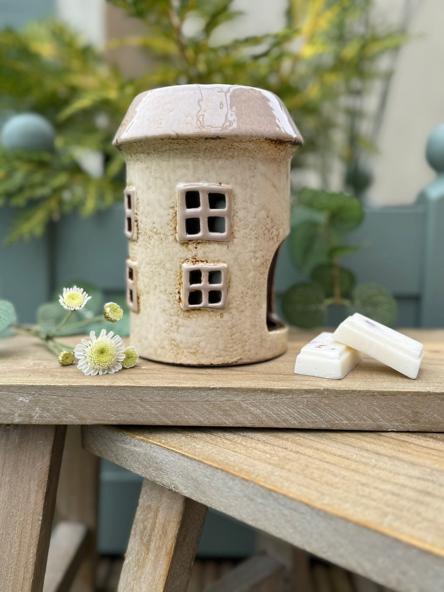 Village Pottery Ceramic Wax Warmer Round House "Windows" Cream