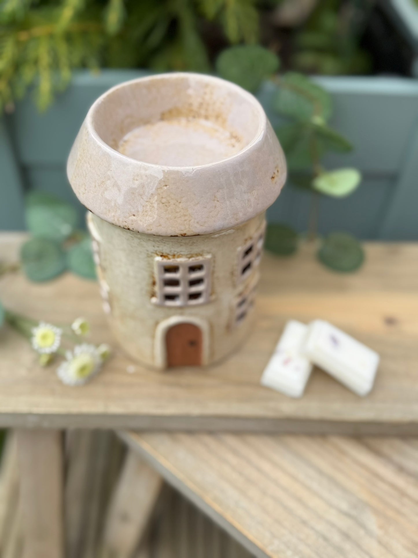 Village Pottery Ceramic Wax Warmer Round House "Windows" Cream