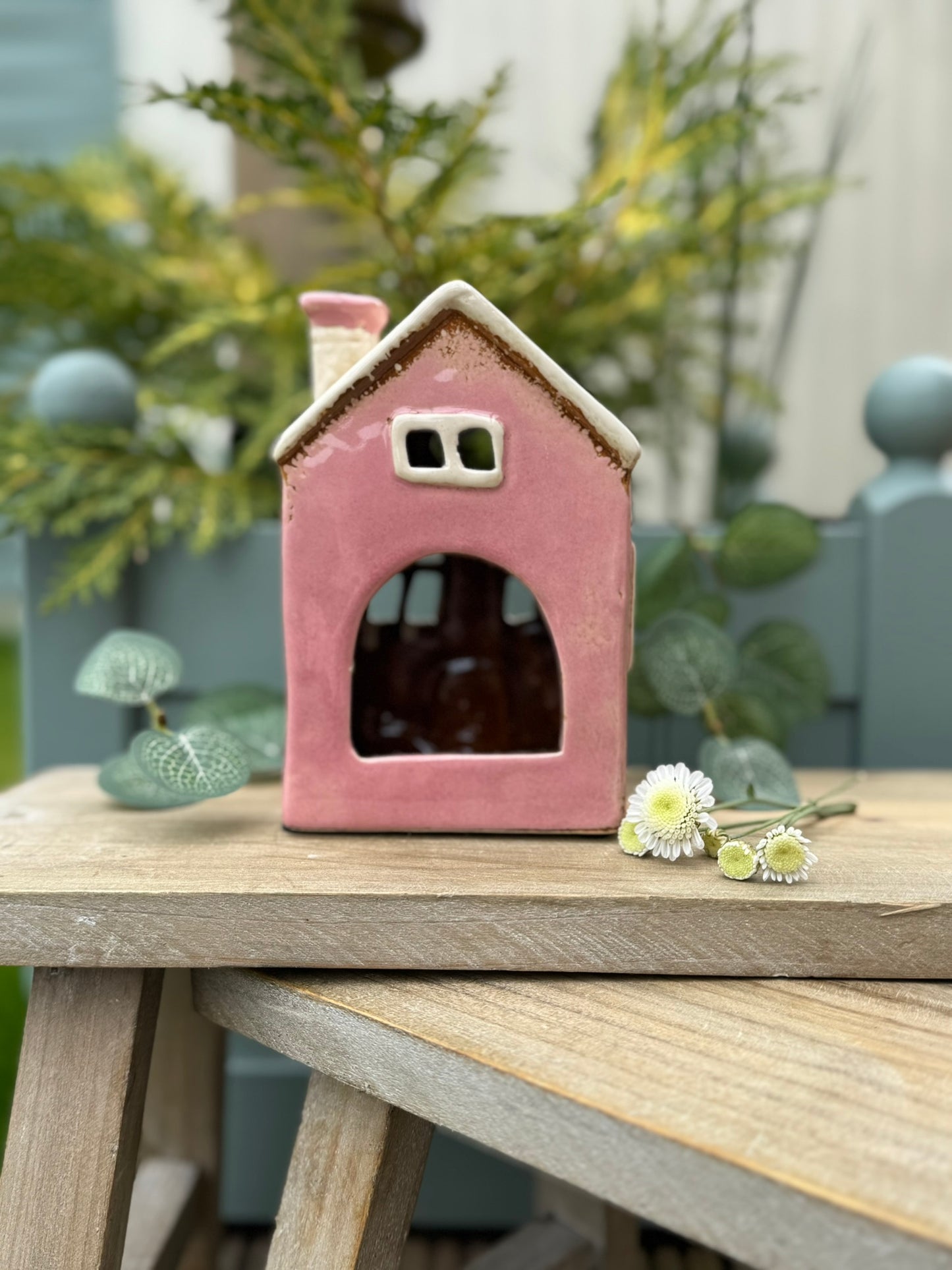 Village Pottery Ceramic Heart House Tealight Candle Holder- Pink