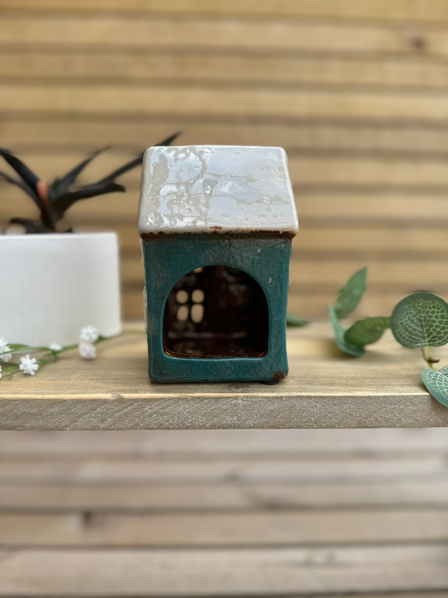 Teal Ceramic House Tealight Holder