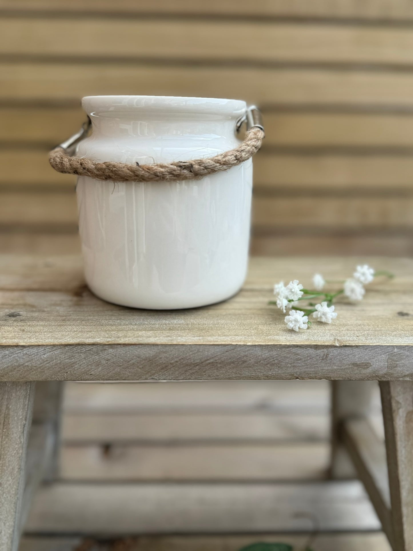 White Heart Tea Light Holder with Rope Handle 10cm