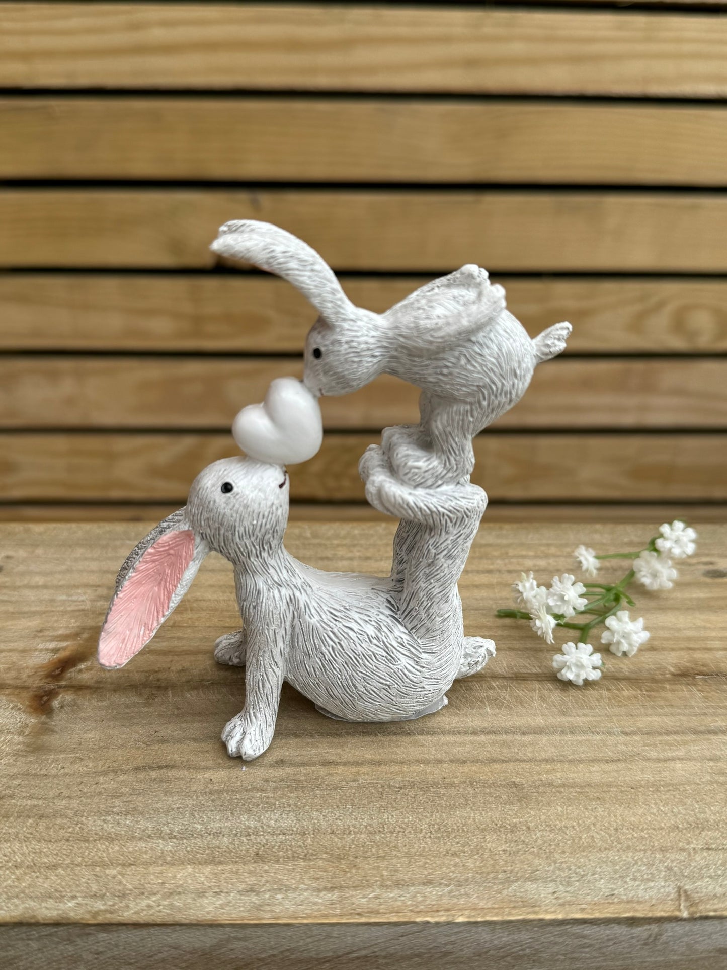 Grey Kissing Rabbits with Heart Decoration