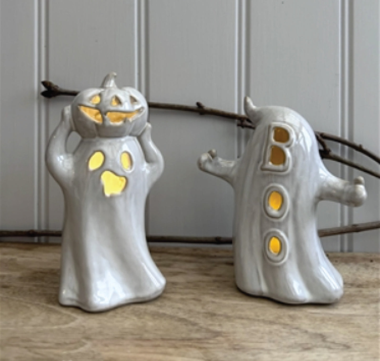 Porcelain Ghost & Pumpkin LED Ornament
