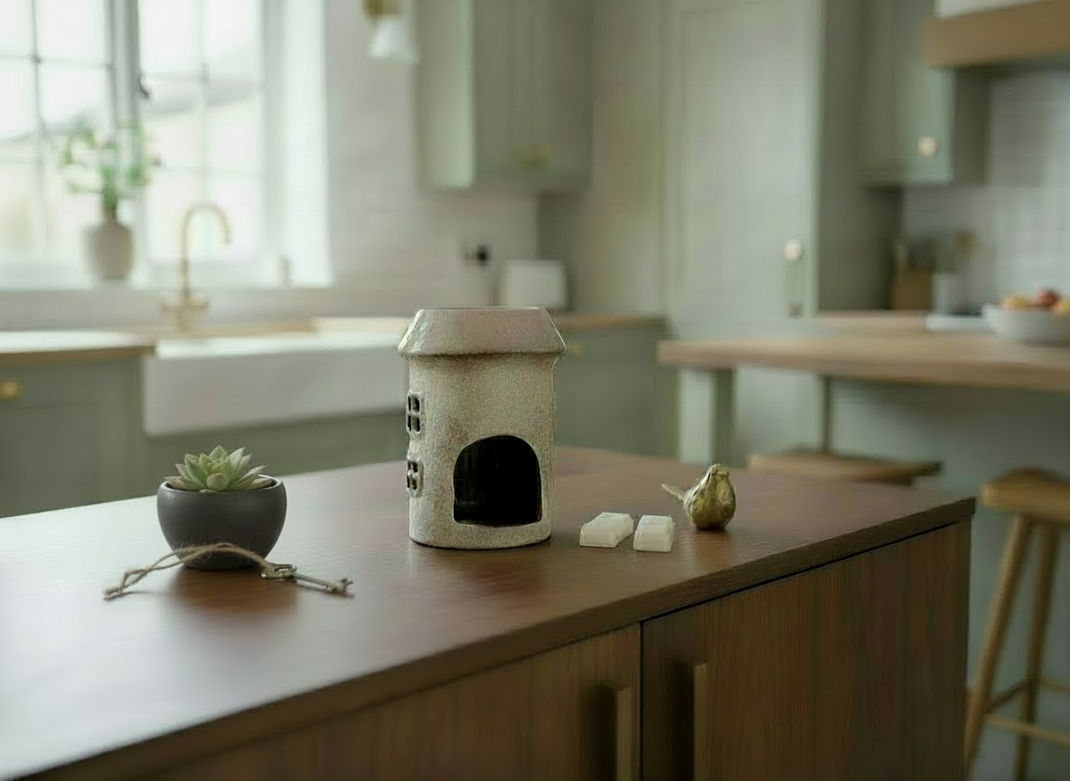 Village Pottery Ceramic Wax Warmer Round House "Windows" Cream