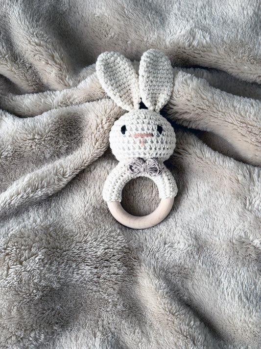 White Crochet Bunny Baby Teething Rattle