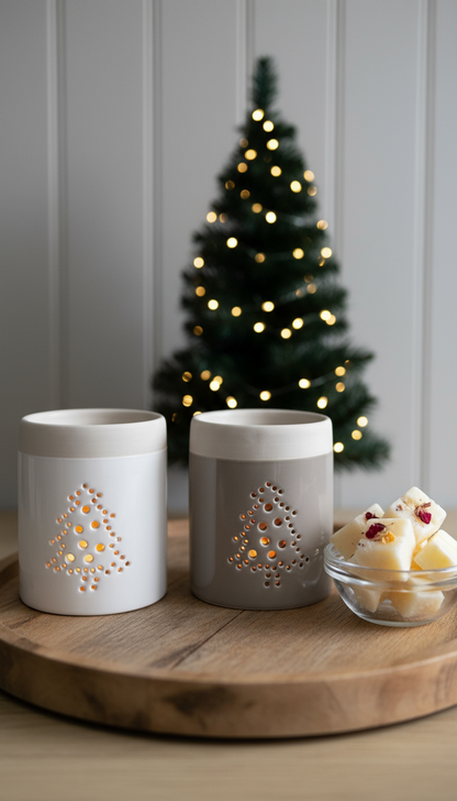 Christmas Ceramic Burner for Oil & Wax Melts with a Cut-away Tree Design.