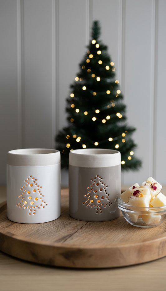 Christmas Ceramic Burner for Oil & Wax Melts with a Cut-away Tree Design.
