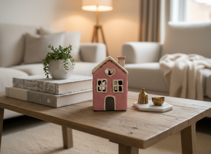 Village Pottery Ceramic Heart House Tealight Candle  Holder- Pink