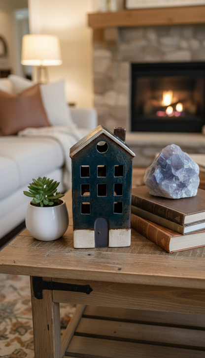 Cool Blue House Candle Holder, 23CM.