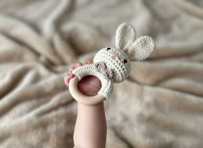 White Crochet Bunny Baby Teething Rattle