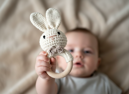 White Crochet Bunny Baby Teething Rattle