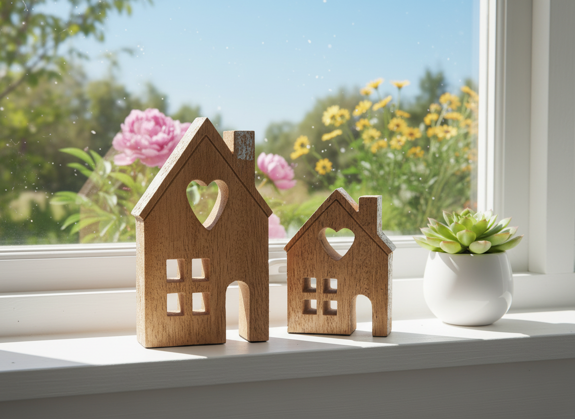 Natural Mango Wood House With A Heart Cut Out Detail - Small