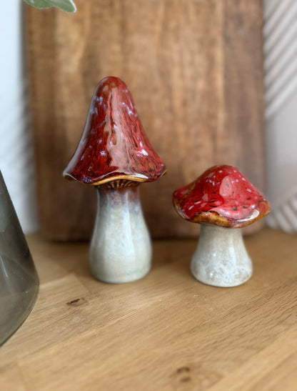 Red & White Glaze Ceramic Mushrooms / Toadstools Ornament