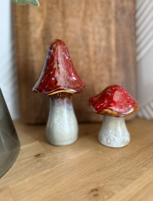 Red & White Glaze Ceramic Mushrooms / Toadstools Ornament