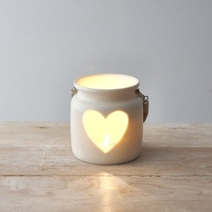 White Heart Tea Light Holder with Rope Handle 10cm