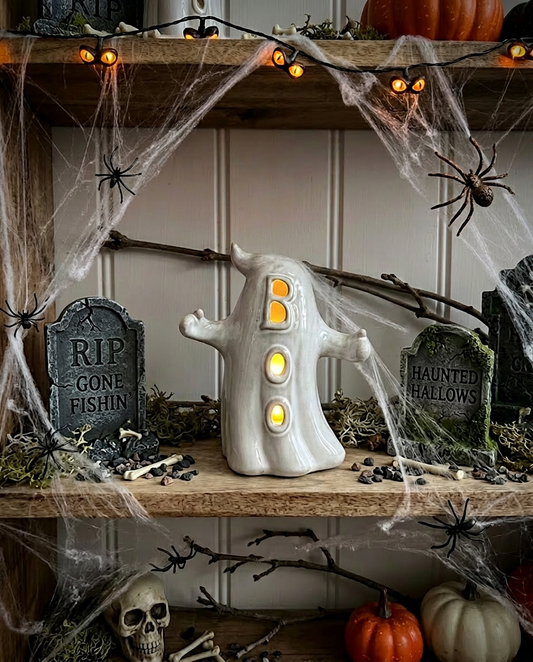 Porcelain Ceramic LED Light Up BOO Ghost Ornament