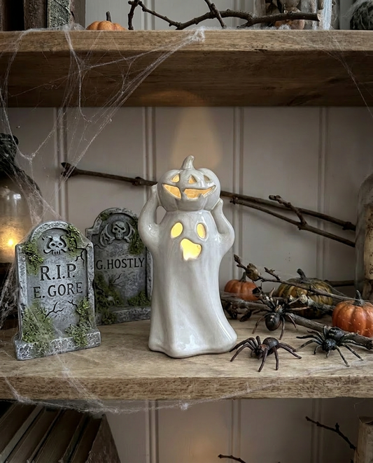 Porcelain Ceramic LED Light Up Ghost With Pumpkin Ornament