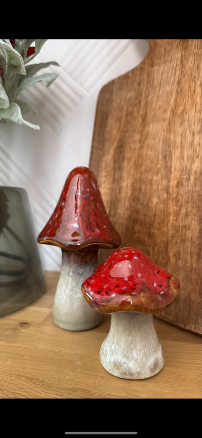 Red & White Glaze Ceramic Mushrooms / Toadstools Ornament