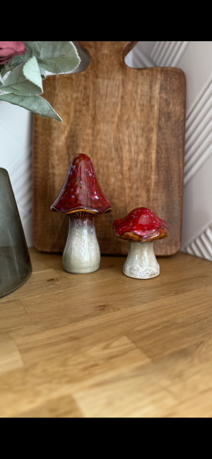 Red & White Glaze Ceramic Mushrooms / Toadstools Ornament