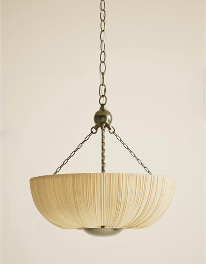 Pleated Fabric Uplighter Pendant Light - Antique Brass