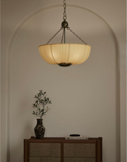 Pleated Fabric Uplighter Pendant Light - Antique Brass