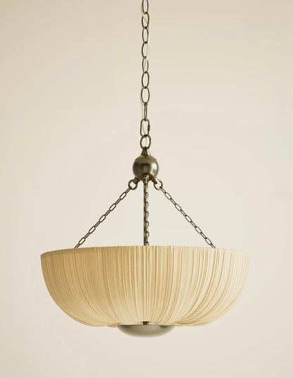 Pleated Fabric Uplighter Pendant Light - Antique Brass