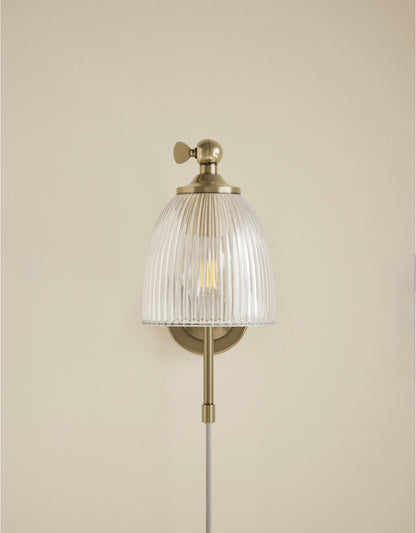 Ribbed Plug In Wall Light - Antique Brass