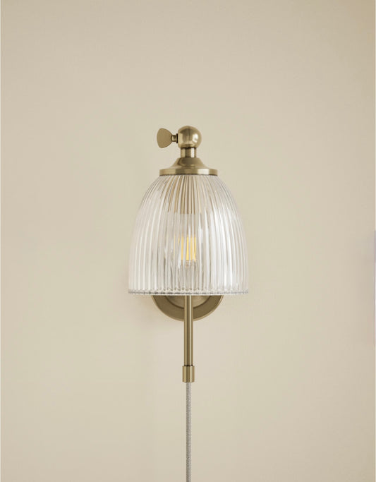 Ribbed Plug In Wall Light - Antique Brass