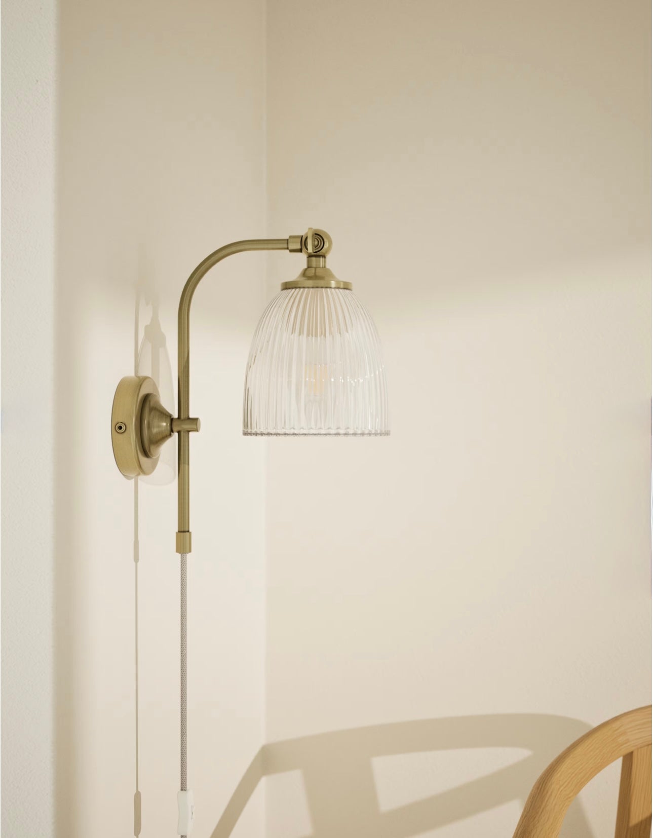 Ribbed Plug In Wall Light - Antique Brass