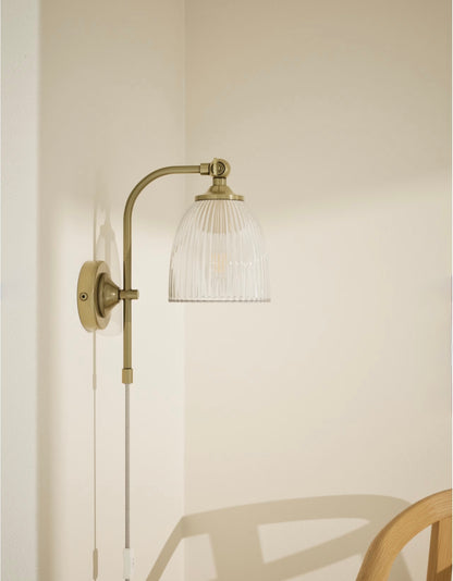 Ribbed Plug In Wall Light - Antique Brass