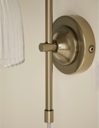 Ribbed Plug In Wall Light - Antique Brass