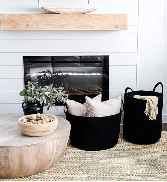 Organi Haus Large Storage Cotton Rope Basket - Full Black And Full Black With Leather Handles