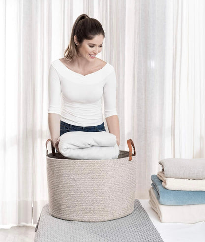 Organi Haus Extra Large Cotton Rope Basket With Genuine Leather Handles