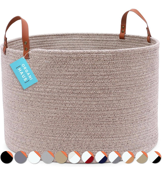 Organi Haus Extra Large Cotton Rope Basket With Genuine Leather Handles