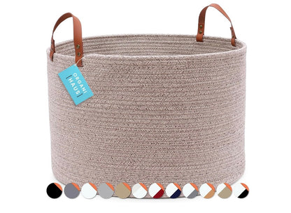 Organi Haus Extra Large Cotton Rope Basket With Genuine Leather Handles