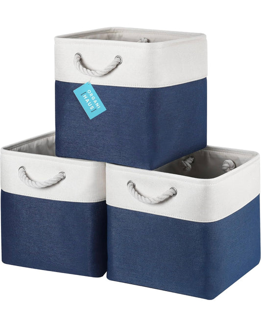 Organi Haus Fabric Cube Storage - Navy Blue and White Set of 3