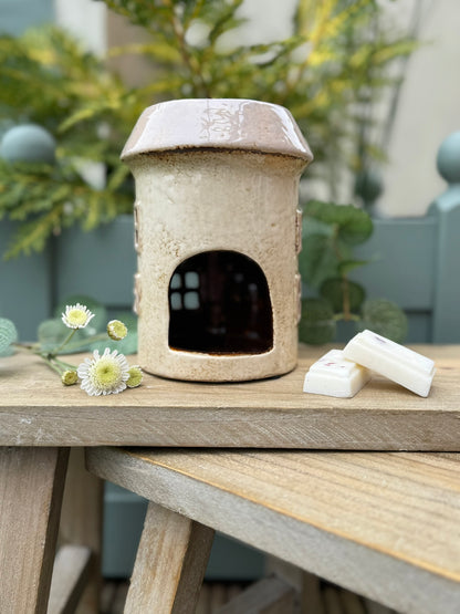 Village Pottery Ceramic Wax Warmer Round House "Windows" Cream
