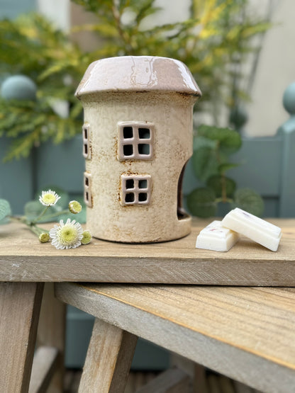 Village Pottery Ceramic Wax Warmer Round House "Windows" Cream