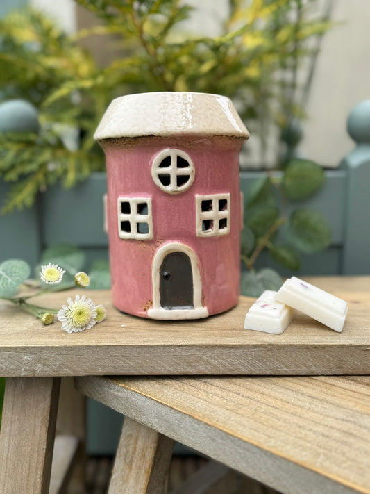 Village Pottery Ceramic Wax Warmer Round House "Windows" Pink