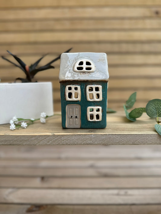 Teal Ceramic House Tealight Holder