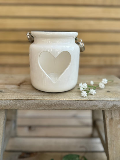White Heart Tea Light Holder with Rope Handle 10cm